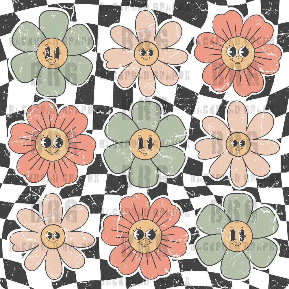 Checkered Smiley Flowers Transfer Backroad Graphx Best DTF Transfers Near Me UVDTF Stickers decals embroidery swag heat transfers direct to film