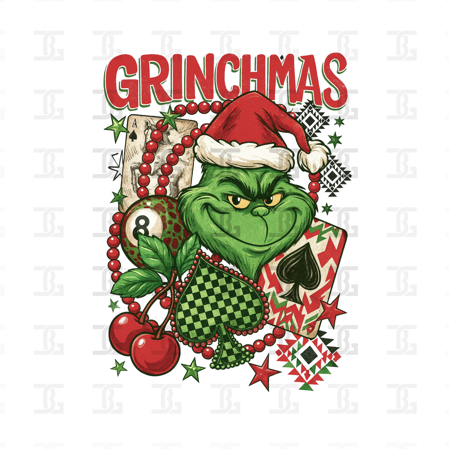 Grinch with festive elements and 'Grinchmas' text on a white background