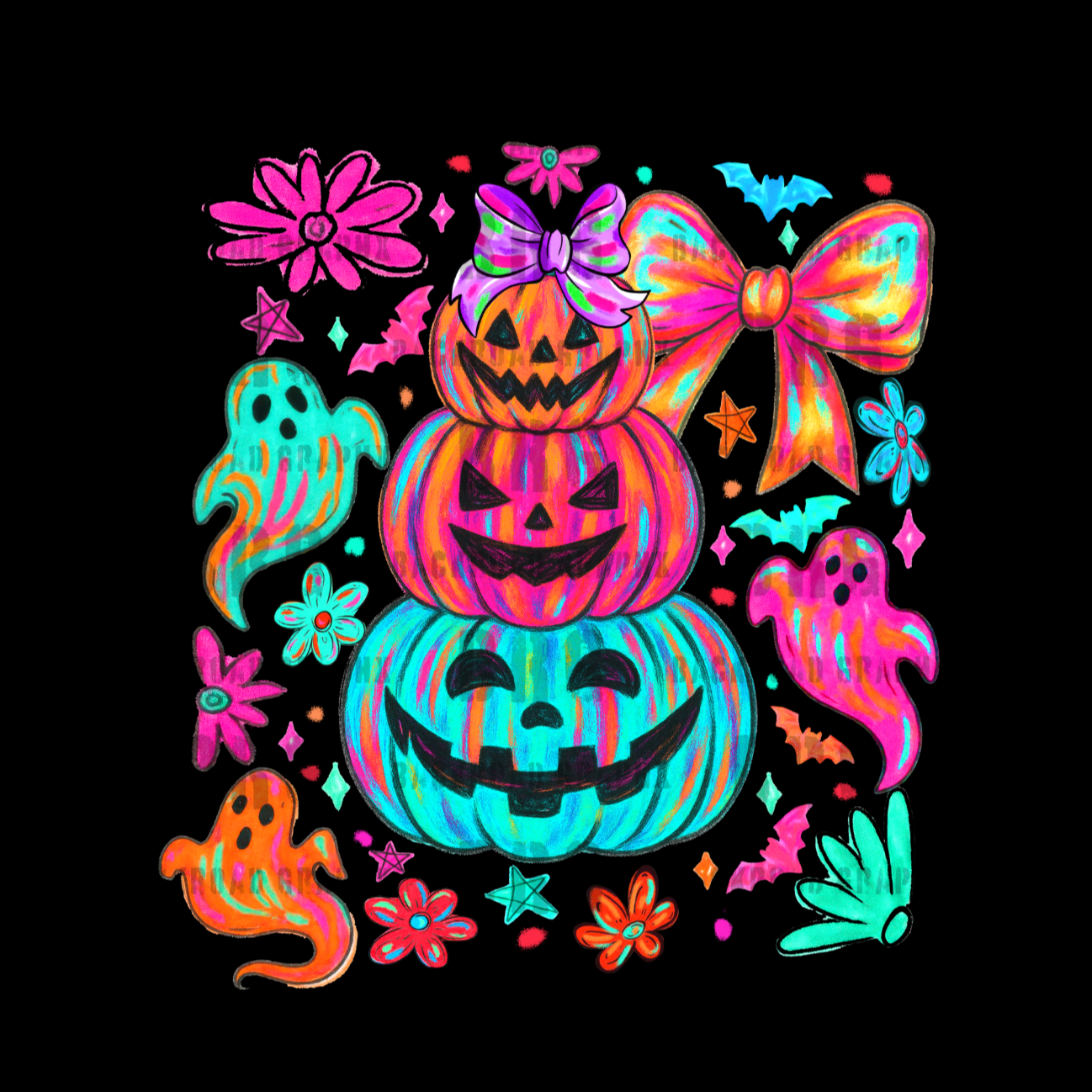 Colorful Halloween-themed design with pumpkins, ghosts, and flowers on a black background