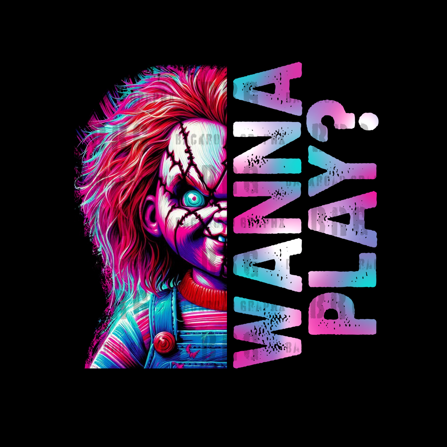Colorful clown graphic with 'Wanna Play?' text on a black background