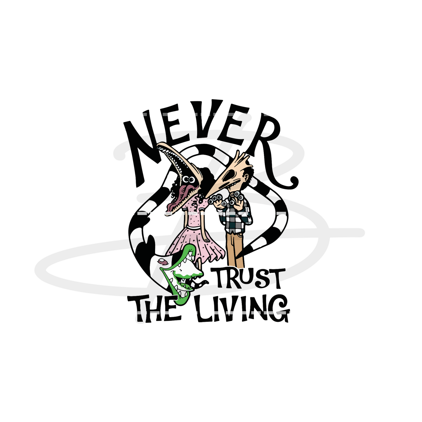 Beetlejuice Never Trust The Living Transfer Backroad Graphx Best DTF Transfers Near Me UVDTF Stickers decals embroidery swag heat transfers direct to film