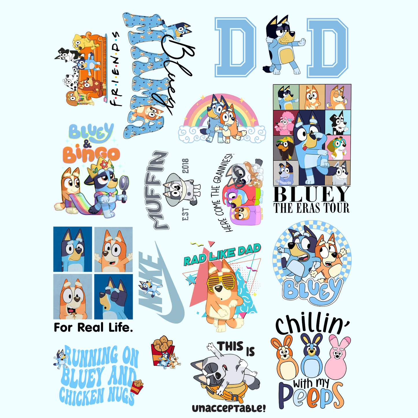 Bluey kids Pre-made Gangsheet Backroad Graphx Best DTF Transfers Near Me UVDTF Stickers decals embroidery swag heat transfers direct to film