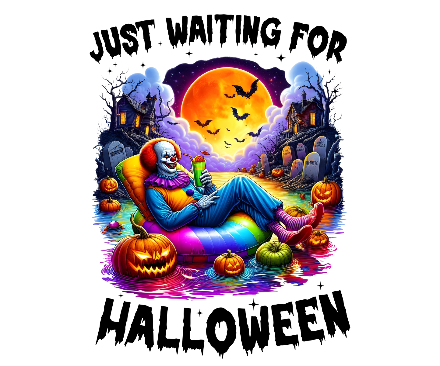Just Waiting For Halloween Floaters Transfer Adult back 12”W Creepy Clown Backroad Graphx Best DTF Transfers Near Me UVDTF Stickers decals embroidery swag heat transfers direct to film