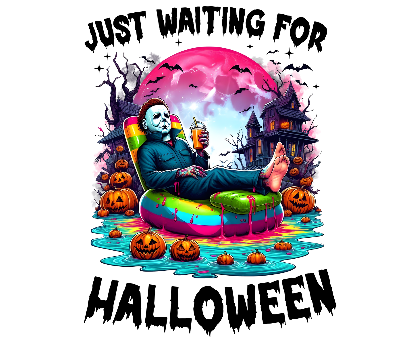 Just Waiting For Halloween Floaters Transfer Adult back 12”W Michael Myers Backroad Graphx Best DTF Transfers Near Me UVDTF Stickers decals embroidery swag heat transfers direct to film