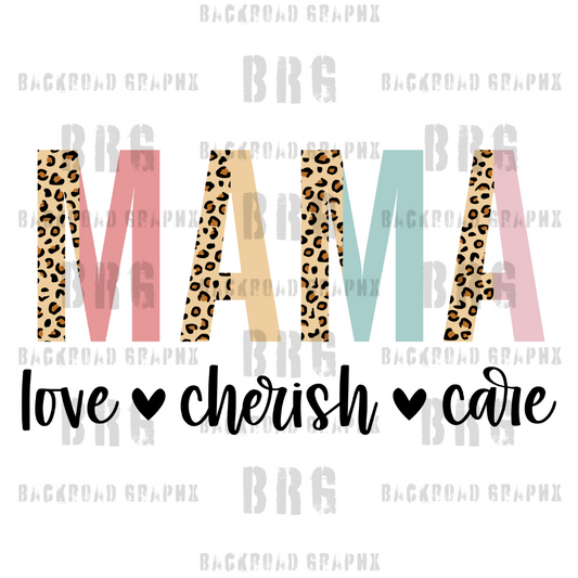 Love, Cherish, Care, MAMA Transfer Backroad Graphx Best DTF Transfers Near Me UVDTF Stickers decals embroidery swag heat transfers direct to film