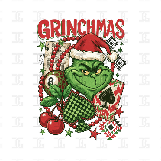 Grinch with festive elements and 'Grinchmas' text on a white background