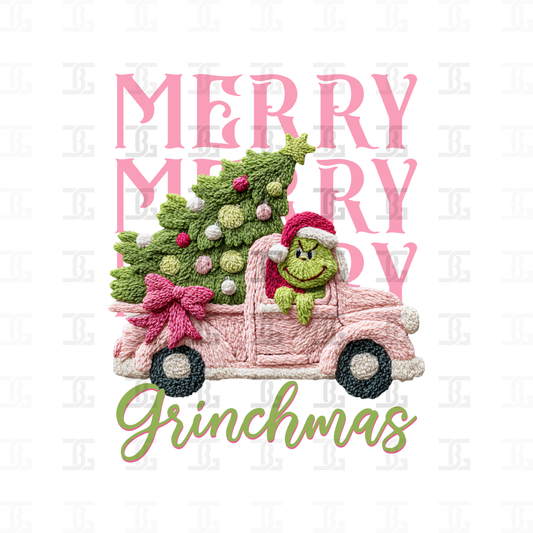 Faux Embroidery Merry Merry Grinchmas Pink Transfer