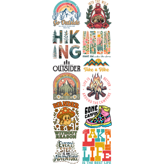A collection of various designed graphics for clothing and fabric, including text and outdoor-themed illustrations.