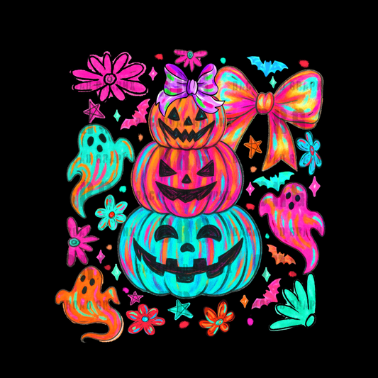 Colorful Halloween-themed design with pumpkins, ghosts, and flowers on a black background