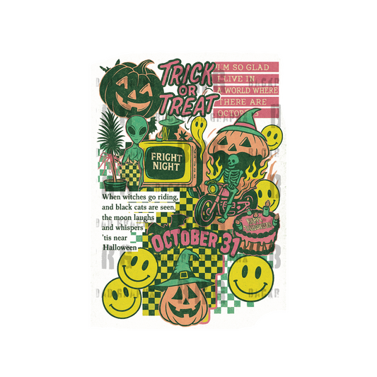 Halloween-themed design with pumpkins, ghosts, and text on a white background