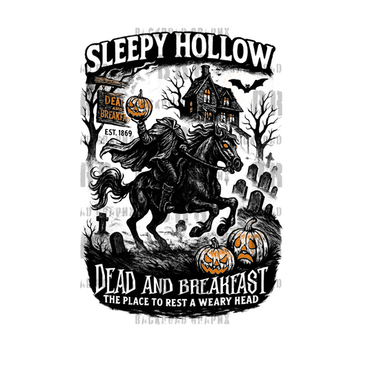 Sleepy Hollow themed graphic with a horse, pumpkins, and haunted house on a white background.