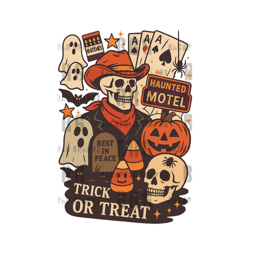 Halloween-themed design with skeleton, pumpkins, ghosts, and text on a white background