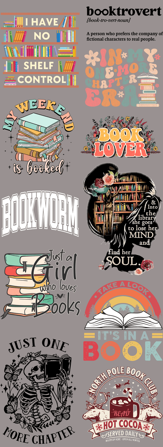 BookWorm Pre-made Gangsheet Backroad Graphx Best DTF Transfers Near Me UVDTF Stickers decals embroidery swag heat transfers direct to film
