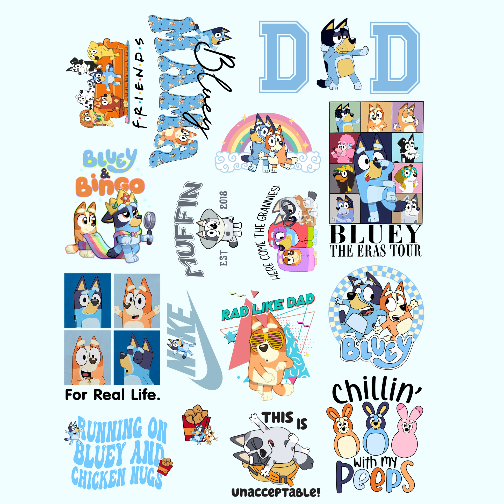 Bluey kids Pre-made Gangsheet Backroad Graphx Best DTF Transfers Near Me UVDTF Stickers decals embroidery swag heat transfers direct to film