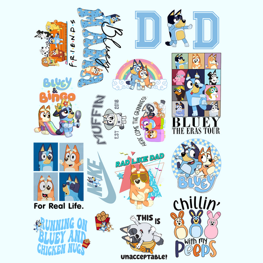 Bluey kids Pre-made Gangsheet Backroad Graphx Best DTF Transfers Near Me UVDTF Stickers decals embroidery swag heat transfers direct to film
