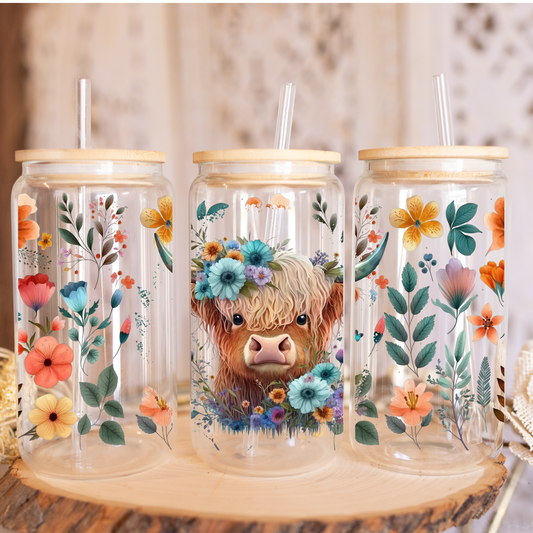 Highland Cow Floral Glass Libbey Cup Backroad Graphx Best DTF Transfers Near Me UVDTF Stickers decals embroidery swag heat transfers direct to film