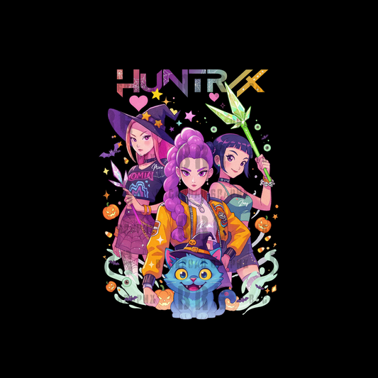 Illustration of three characters and a cat with 'HUNTRIX' branding on a black background