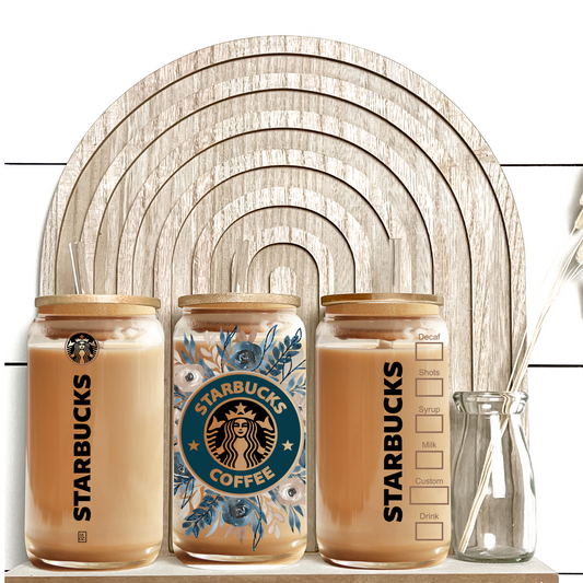 Blue Starbucks Glass Libbey Cup Backroad Graphx Best DTF Transfers Near Me UVDTF Stickers decals embroidery swag heat transfers direct to film